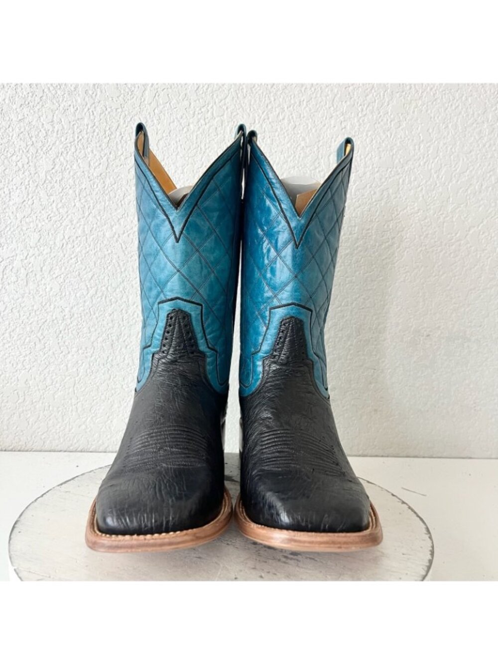Rod Patrick Mens Black Ostrich Cowboy Boots Size 13 Blue Top Western Square Toe - Picture 5 of 12